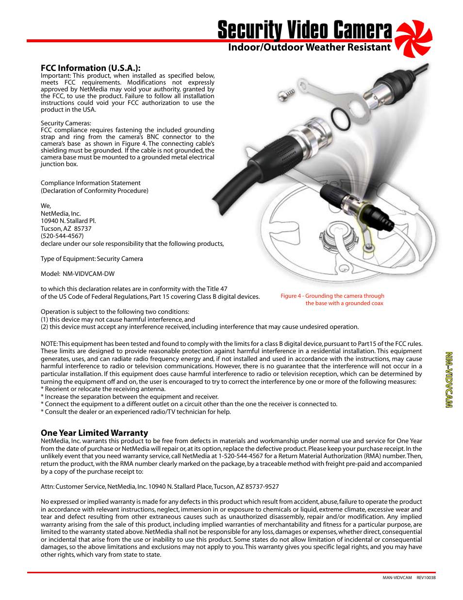 Security video camera, Indoor/outdoor weather resistant | NetMedia VIDVCAM-DW User Manual | Page 3 / 4