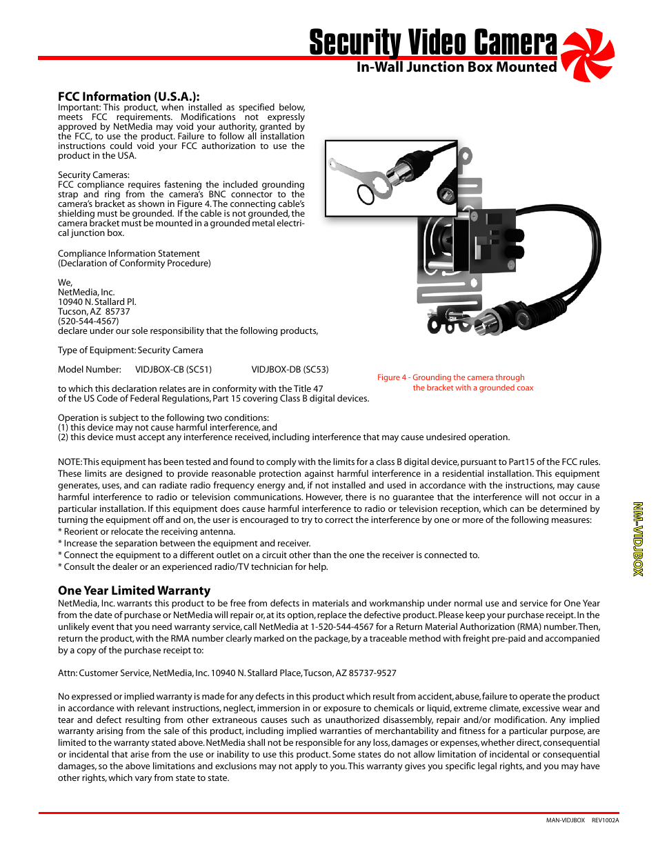 Security video camera, In-wall junction box mounted | NetMedia VIDJBOX-DB User Manual | Page 3 / 4