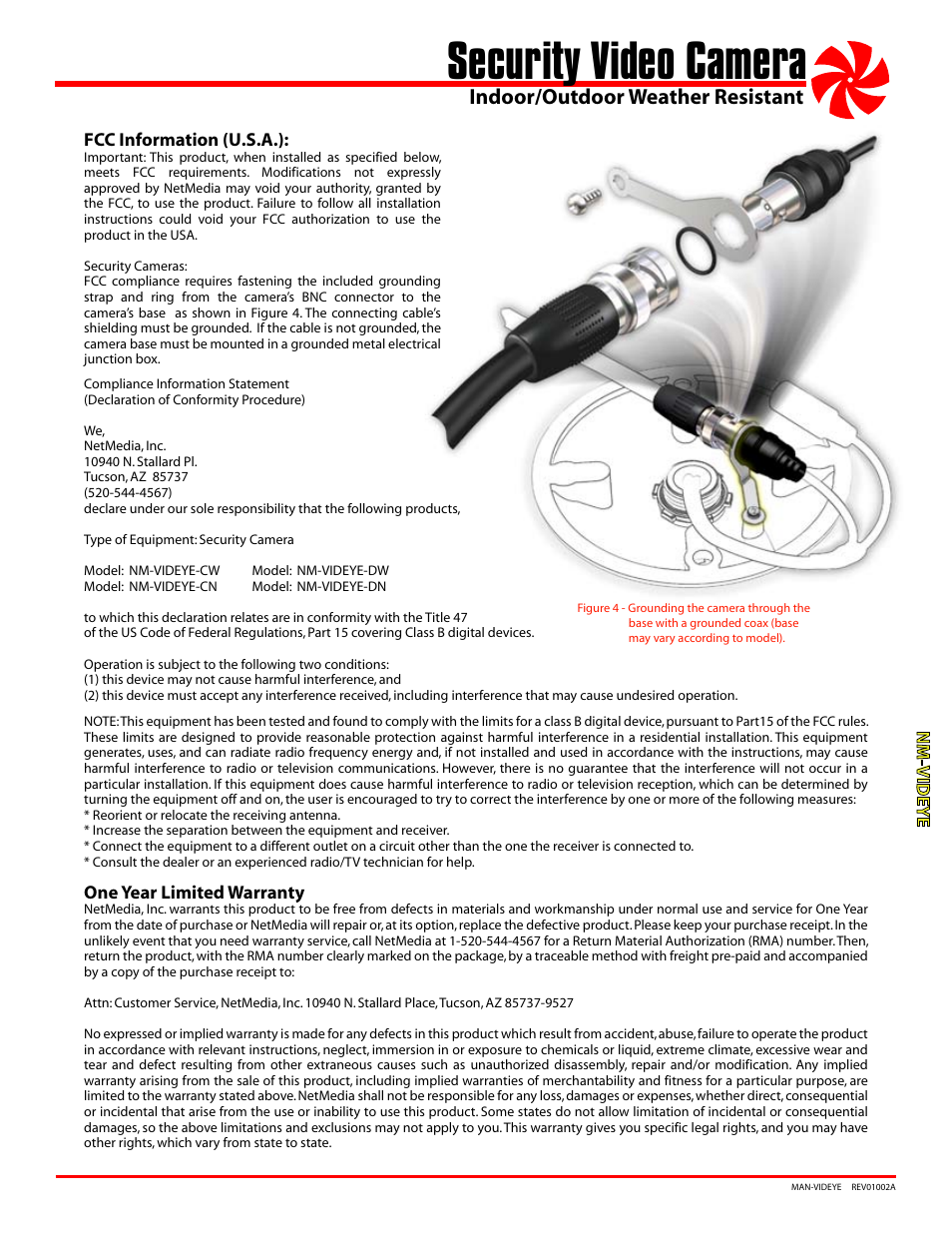 Security video camera, Indoor/outdoor weather resistant | NetMedia VIDEYE-DN User Manual | Page 3 / 4