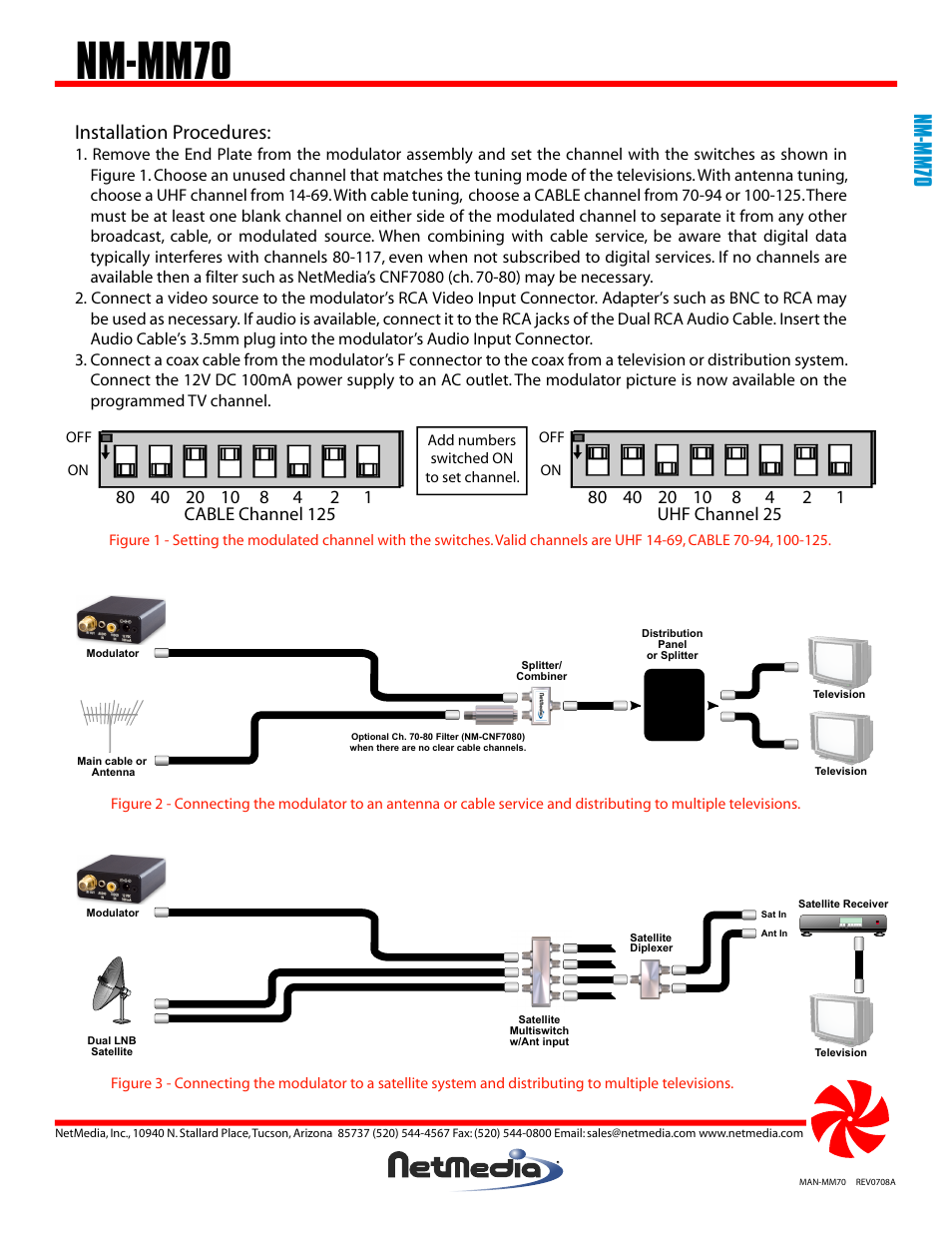 Nm-mm70, Installation procedures, Cable channel 125 | Uhf channel 25 | NetMedia MM70 User Manual | Page 2 / 4