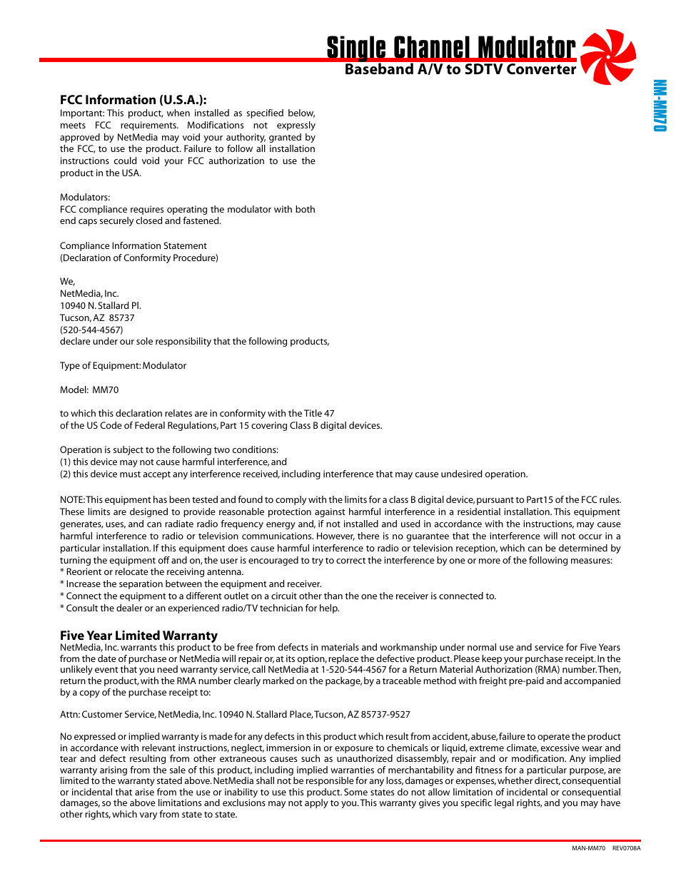 Single channel modulator | NetMedia MM70 User Manual | Page 3 / 4