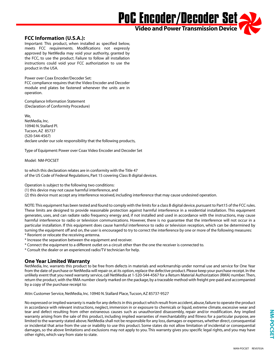 Poc encoder/decoder set, Video and power transmission device | NetMedia POCSET User Manual | Page 3 / 4