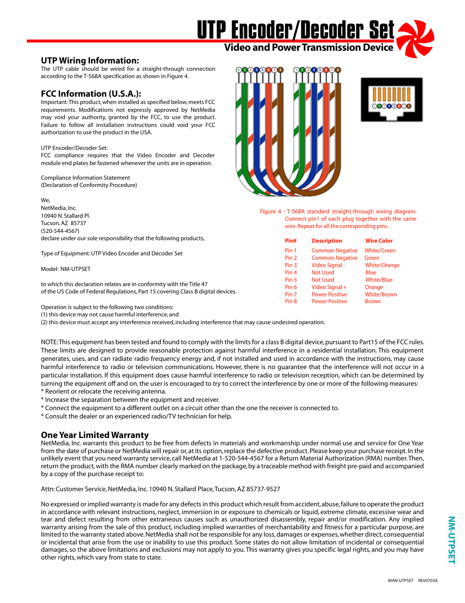 Utp encoder/decoder set, Video and power transmission device, Nm-utpset | One year limited warranty, Fcc information (u.s.a.), Utp wiring information | NetMedia UTPSET User Manual | Page 3 / 4