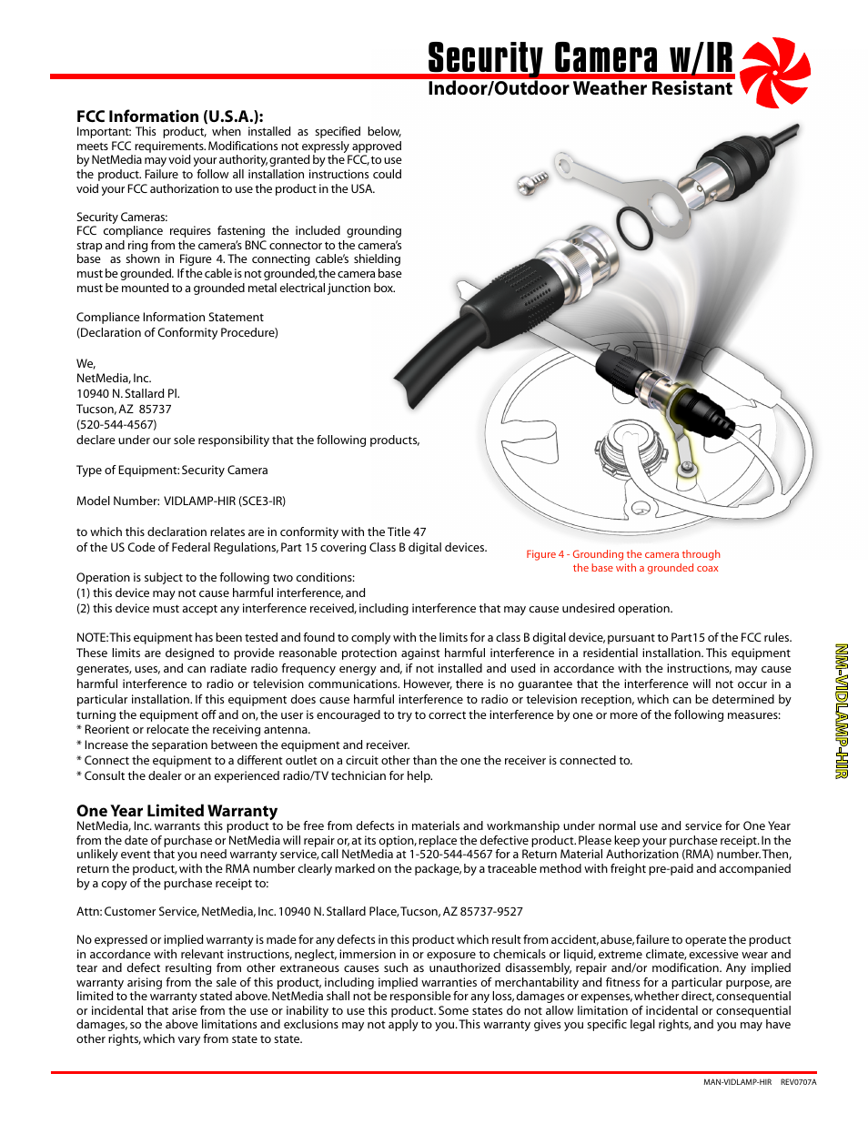 Security camera w/ir, Indoor/outdoor weather resistant | NetMedia VIDLAMP-HIR User Manual | Page 3 / 4