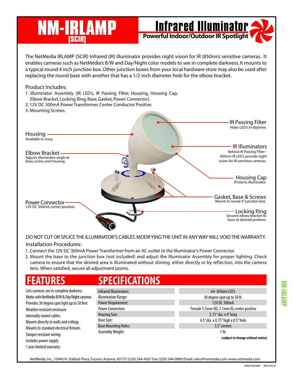 NetMedia IRLAMP User Manual | 2 pages