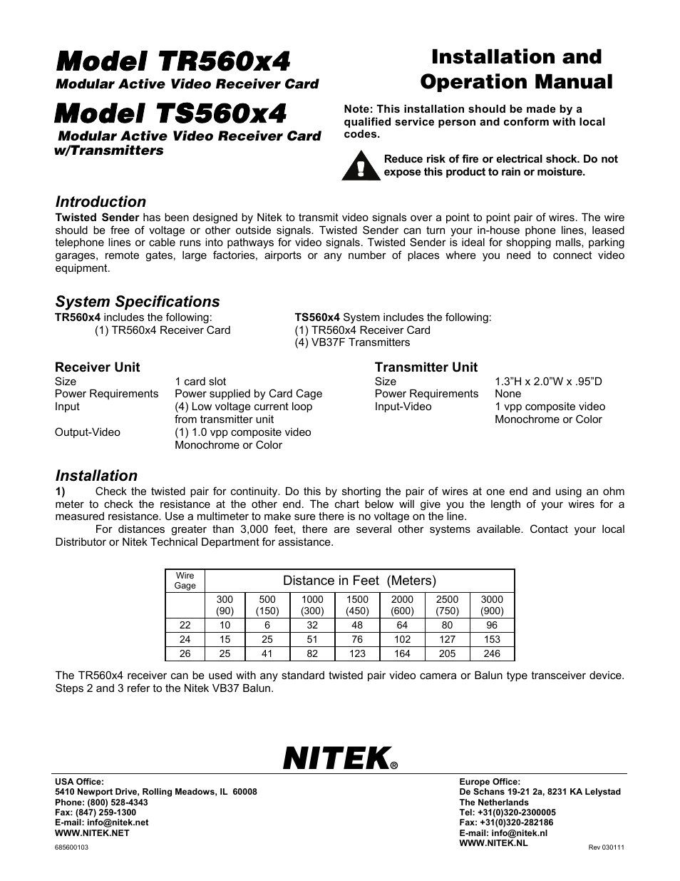 Nitek TS560x4 User Manual | 2 pages