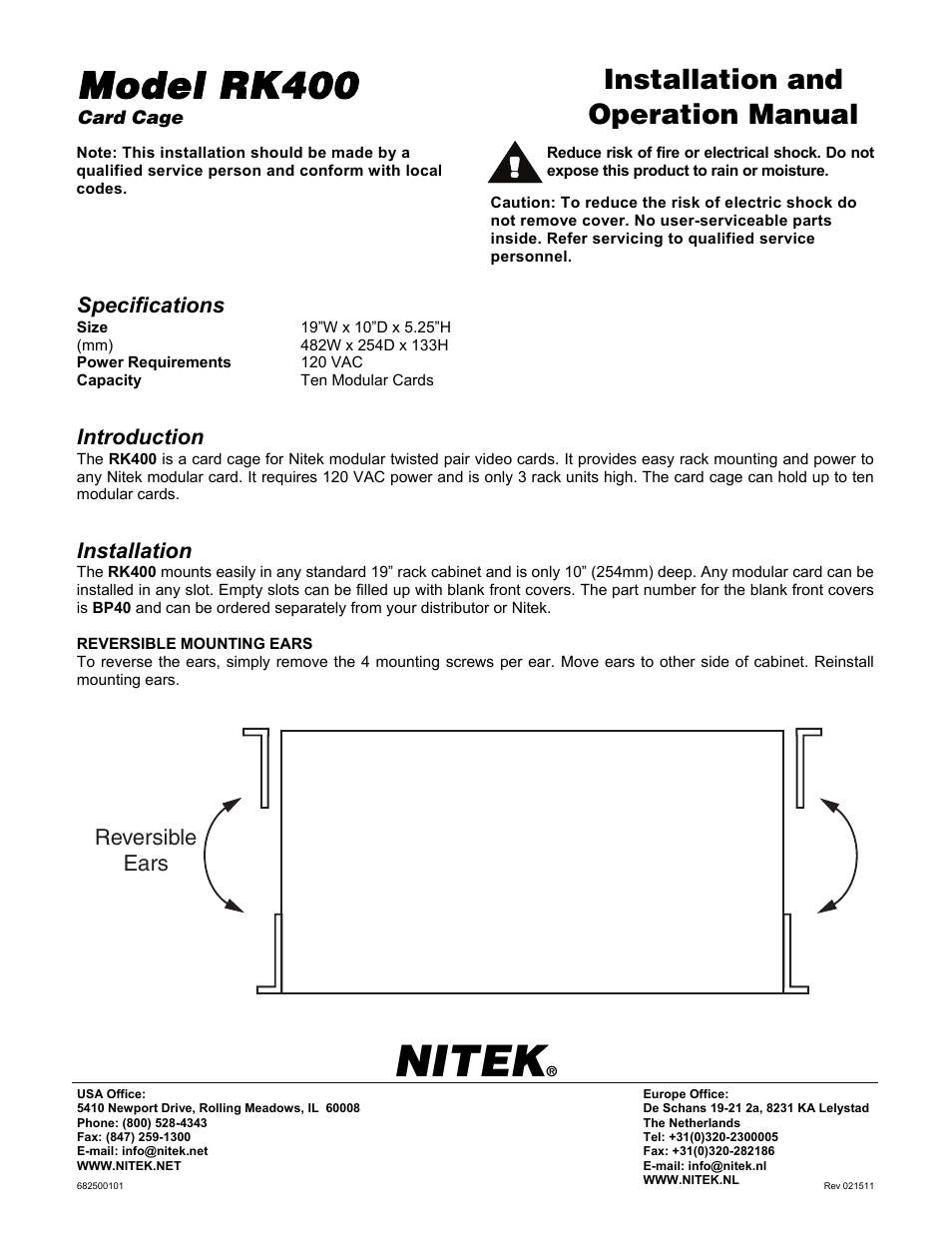 Nitek RK400 User Manual | 1 page