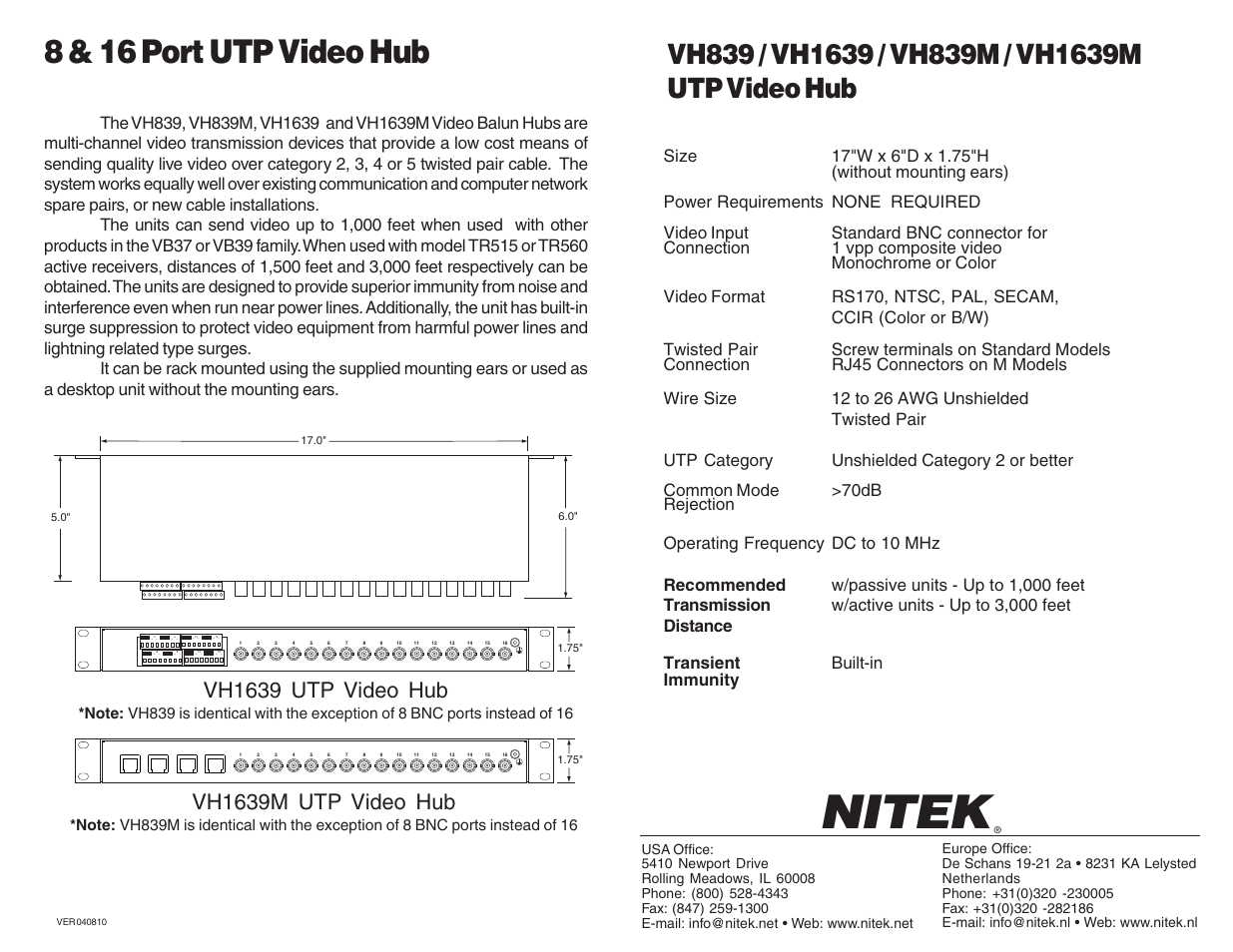 Nitek VH839M User Manual | 2 pages