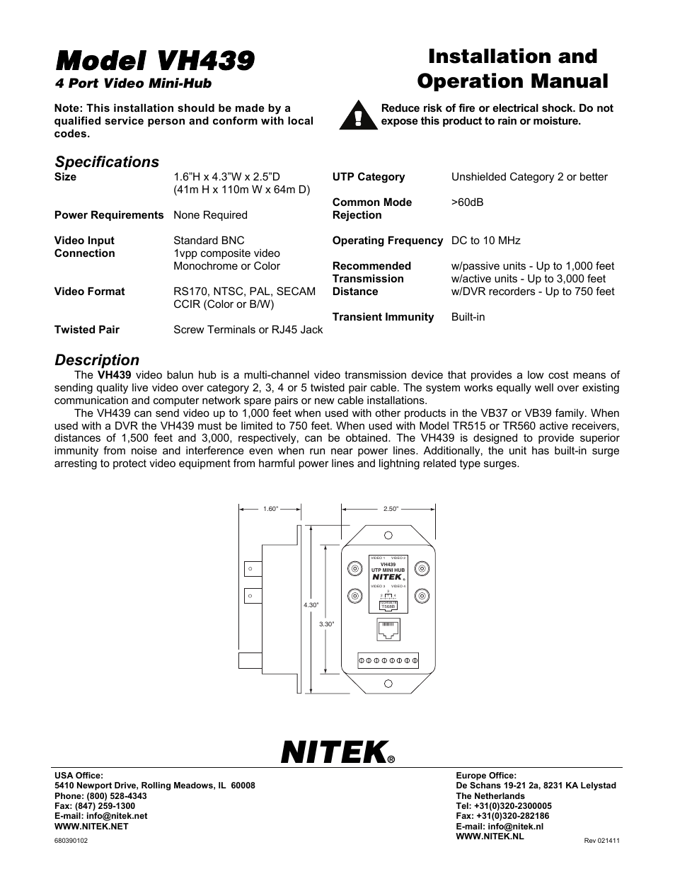 Nitek VH439 User Manual | 2 pages