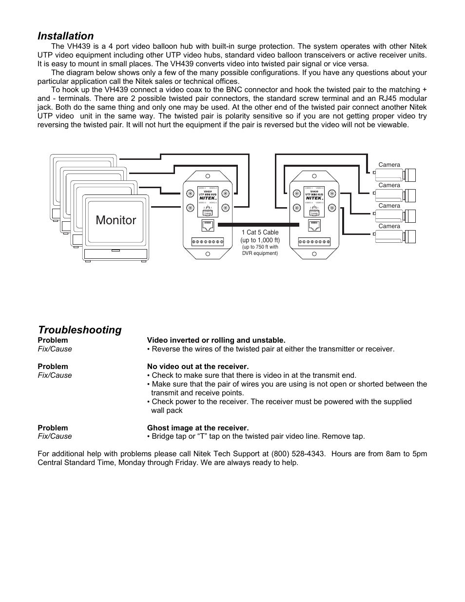 Monitor, Troubleshooting, Installation | Nitek VH439 User Manual | Page 2 / 2