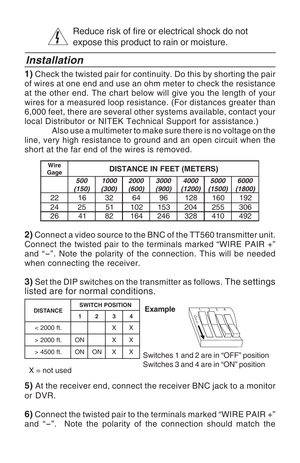 Installation, The settings listed are for normal conditions. 5), Set the dip switches on the transmitter as follows | Nitek EX560 User Manual | Page 2 / 4
