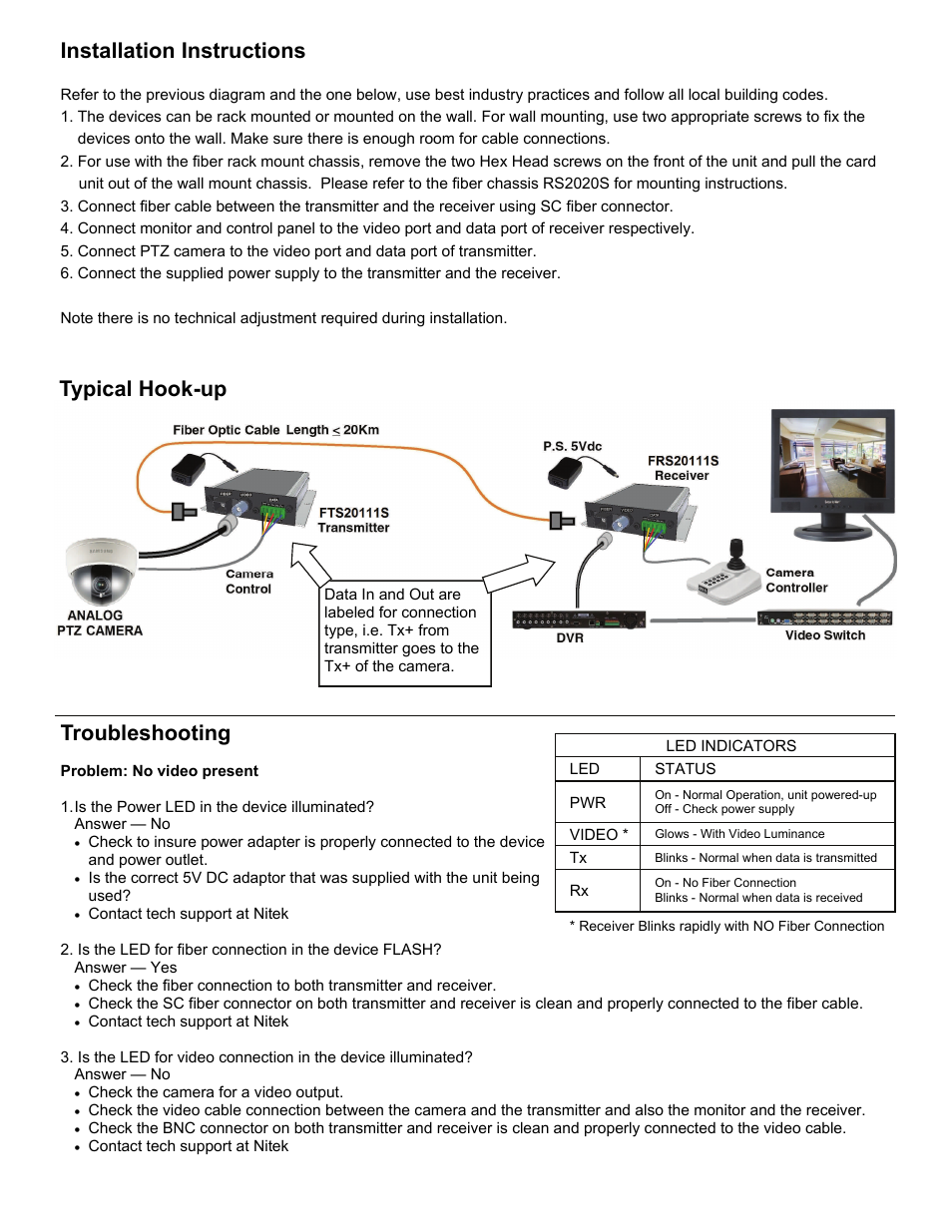 Installation instructions, Troubleshooting, Typical hook-up | Nitek FSS20111S User Manual | Page 2 / 2