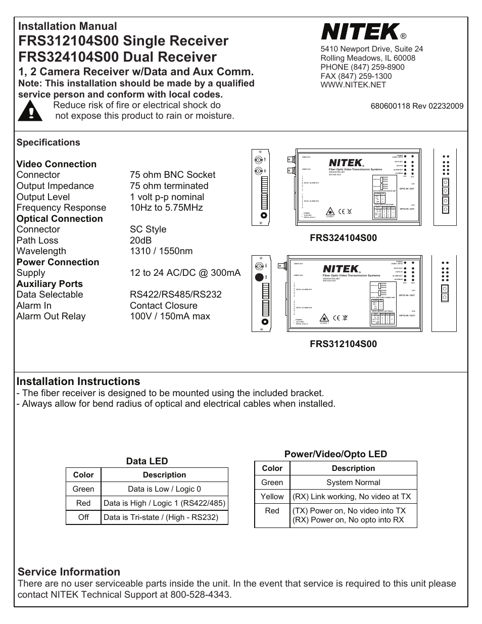 Nitek FRS312104S00 User Manual | 2 pages