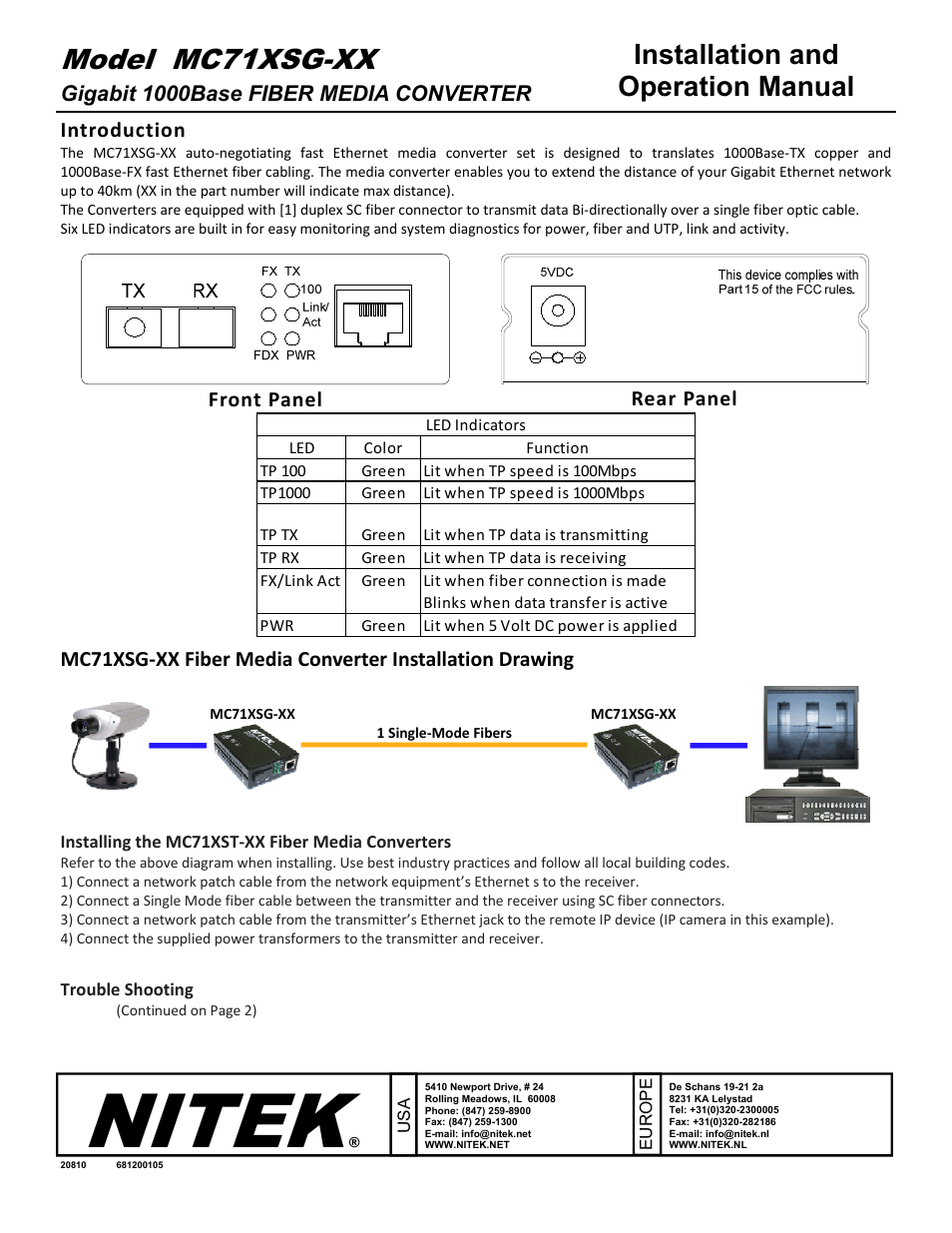 Nitek MC71XSG-XX User Manual | 2 pages