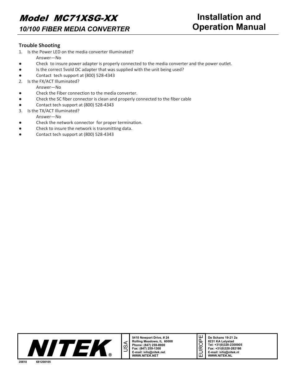 Nitek, Model mc71xsg-xx, Installation and operation manual | Nitek MC71XSG-XX User Manual | Page 2 / 2