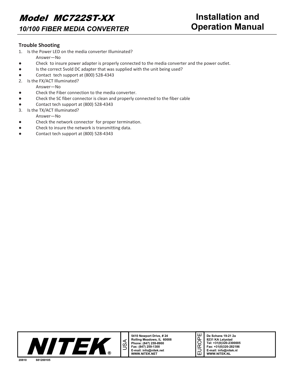 Nitek, Model mc722st-xx, Installation and operation manual | Nitek MC722ST-XX User Manual | Page 2 / 2