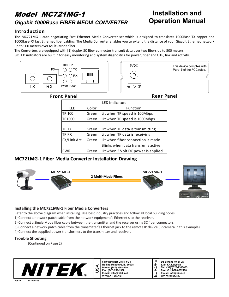 Nitek MC721MG-1 User Manual | 2 pages