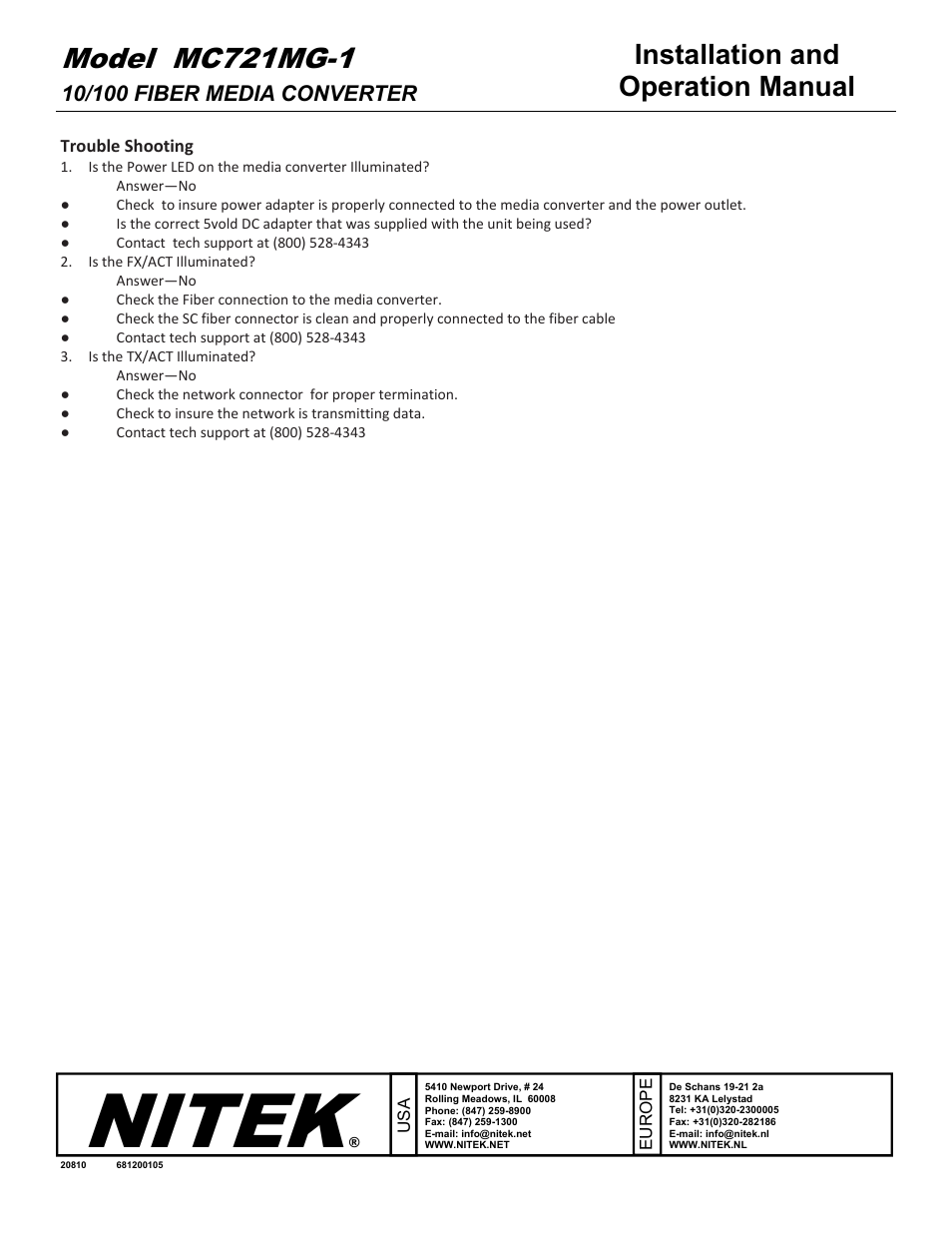 Nitek, Model mc721mg-1, Installation and operation manual | Nitek MC721MG-1 User Manual | Page 2 / 2