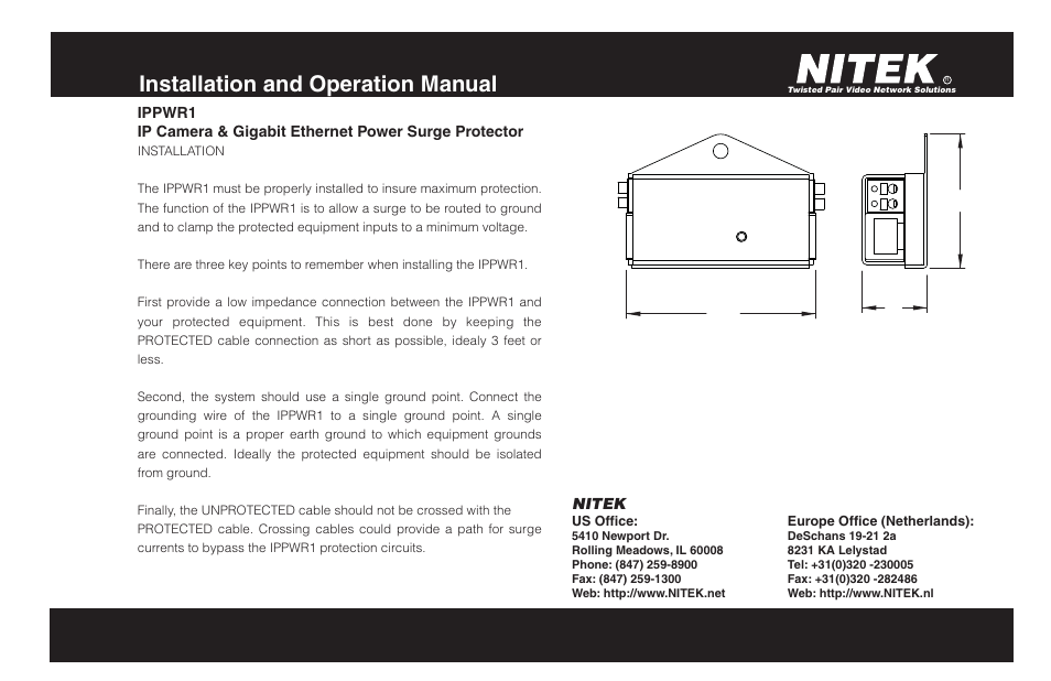 Installation and operation manual | Nitek IPPWR1 User Manual | Page 2 / 2