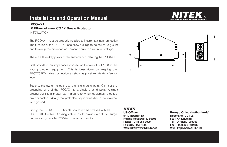 Installation and operation manual | Nitek IPCOAX1 User Manual | Page 2 / 2