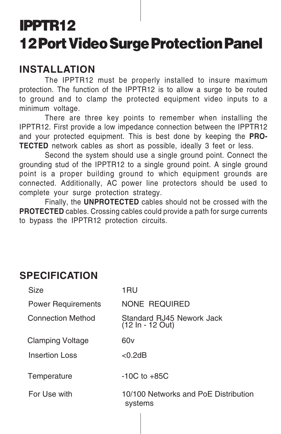 Ipptr12 12 port video surge protection panel, Installation, Specification | Nitek IPPTR12 User Manual | Page 2 / 2
