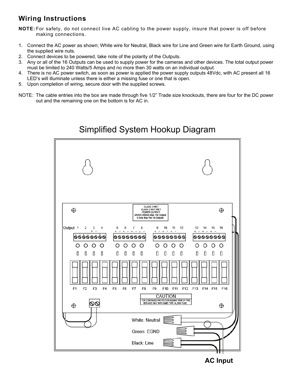 Simplified system hookup diagram, Wiring instructions, Ac input | Nitek PS4816W User Manual | Page 2 / 2