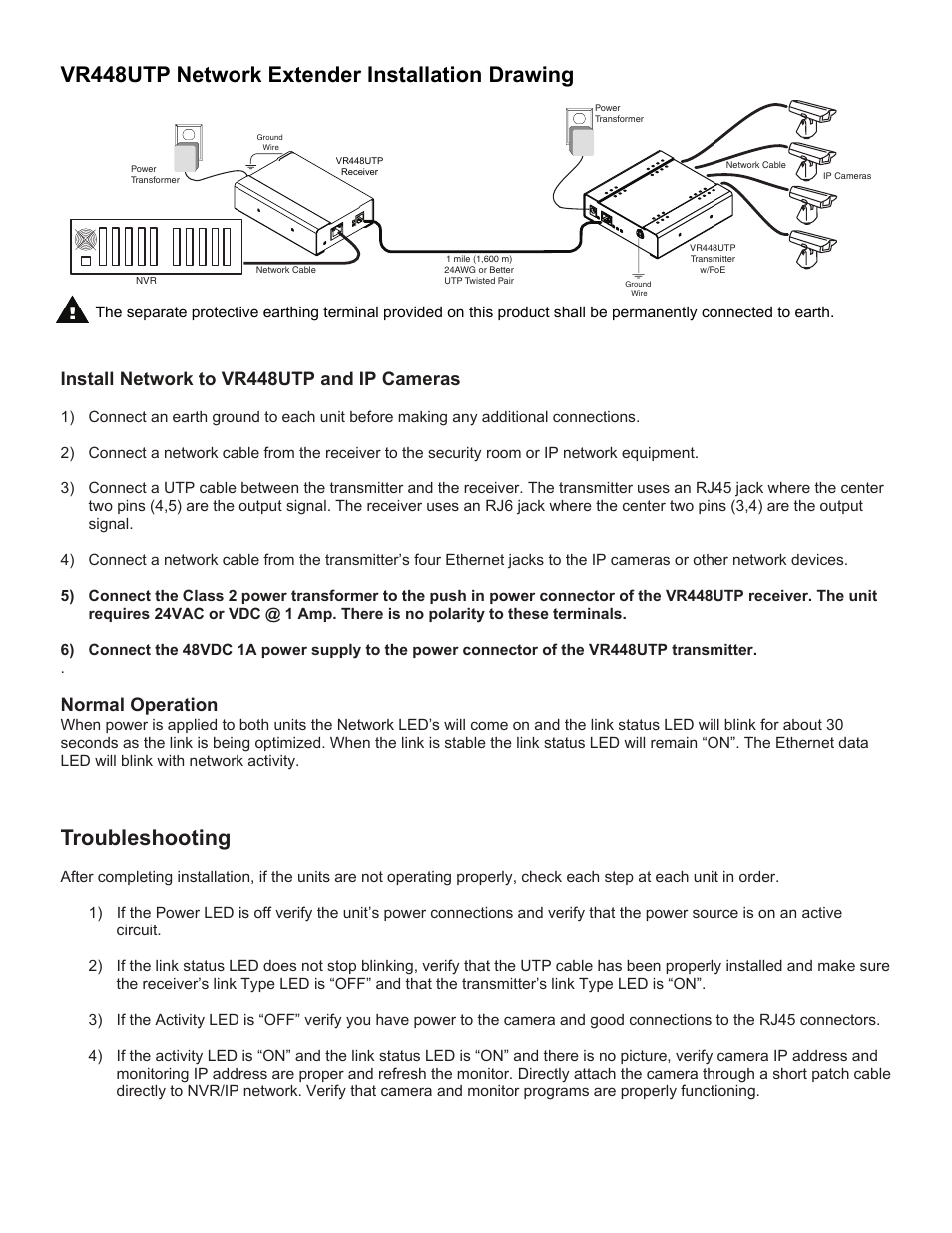 Troubleshooting, Vr448utp network extender installation drawing, Install network to vr448utp and ip cameras | Normal operation | Nitek VR448UTP User Manual | Page 2 / 2