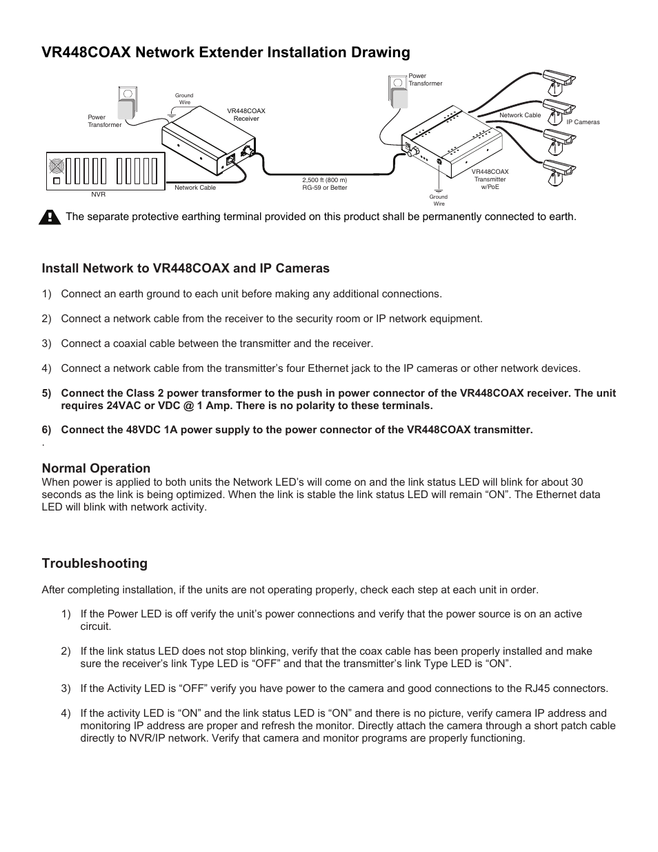 Vr448coax network extender installation drawing, Troubleshooting, Install network to vr448coax and ip cameras | Normal operation | Nitek VR448COAX User Manual | Page 2 / 2