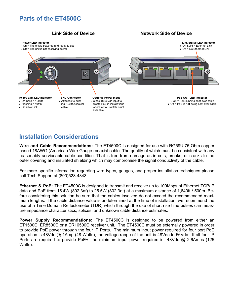 Parts of the et4500c installation considerations, Link side of device network side of device | Nitek ET4500C User Manual | Page 3 / 8