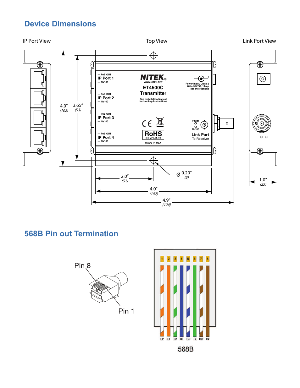 Device dimensions, 568b pin out termination, Nitek | Rohs, Top view link port view ip port view | Nitek ET4500C User Manual | Page 5 / 8