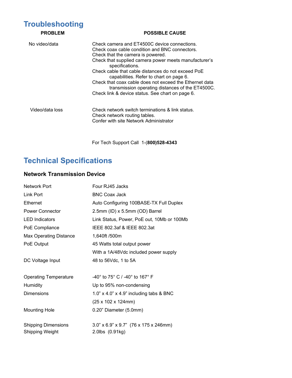 Technical specifications troubleshooting | Nitek ET4500C User Manual | Page 7 / 8