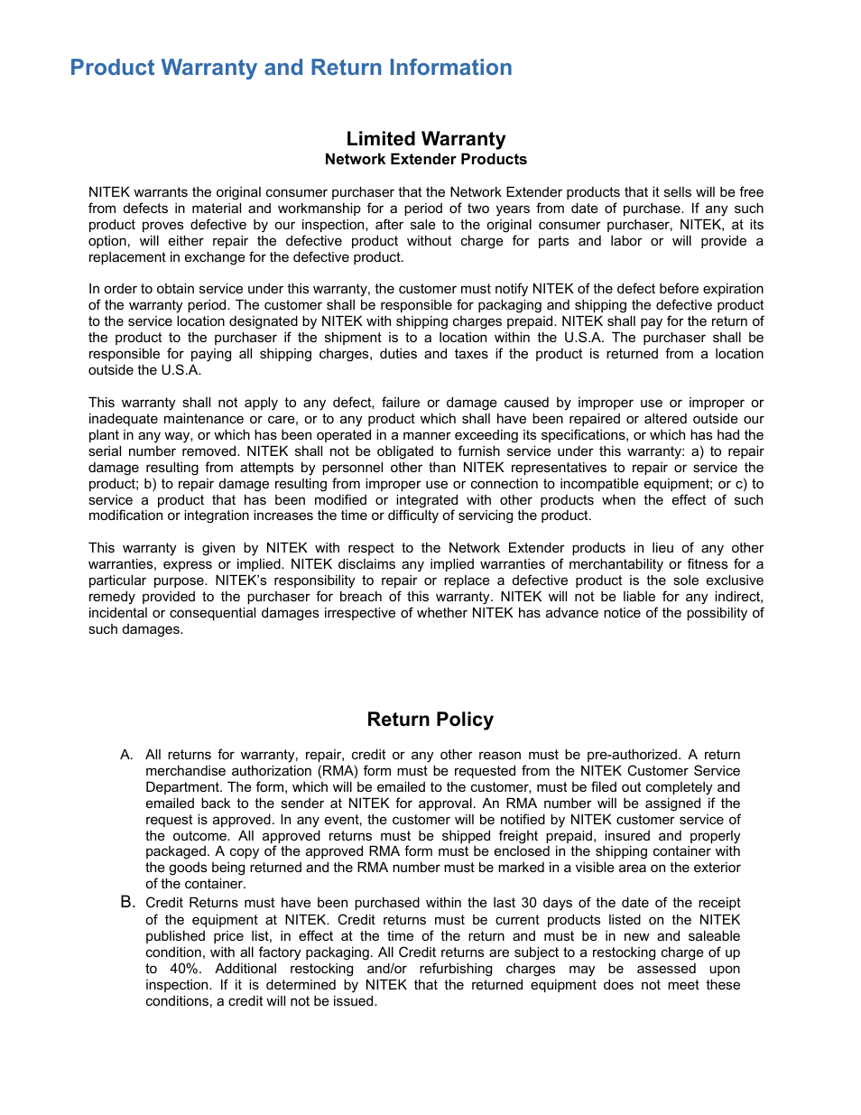 Network extender products, Product warranty and return information, Limited warranty | Return policy | Nitek ET4500C User Manual | Page 8 / 8