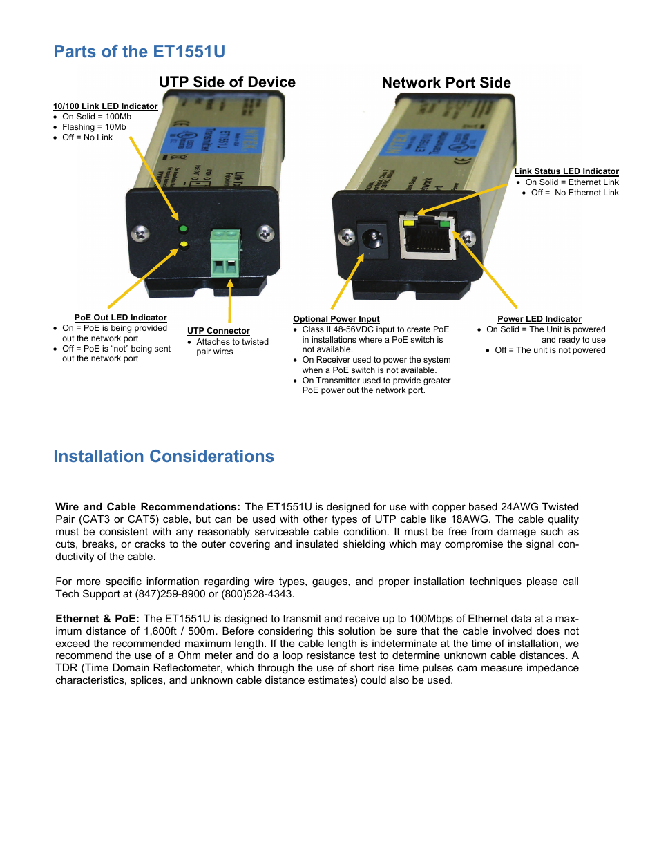 Parts of the et1551u, Installation considerations, Utp side of device network port side | Nitek ET1551U User Manual | Page 3 / 8