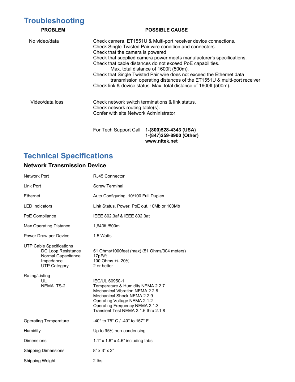 Troubleshooting, Technical specifications | Nitek ET1551U User Manual | Page 7 / 8