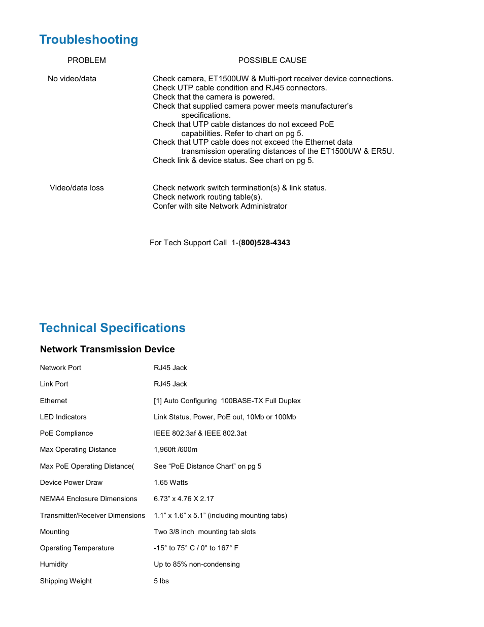 Troubleshooting, Technical specifications | Nitek ET1500UW User Manual | Page 7 / 8