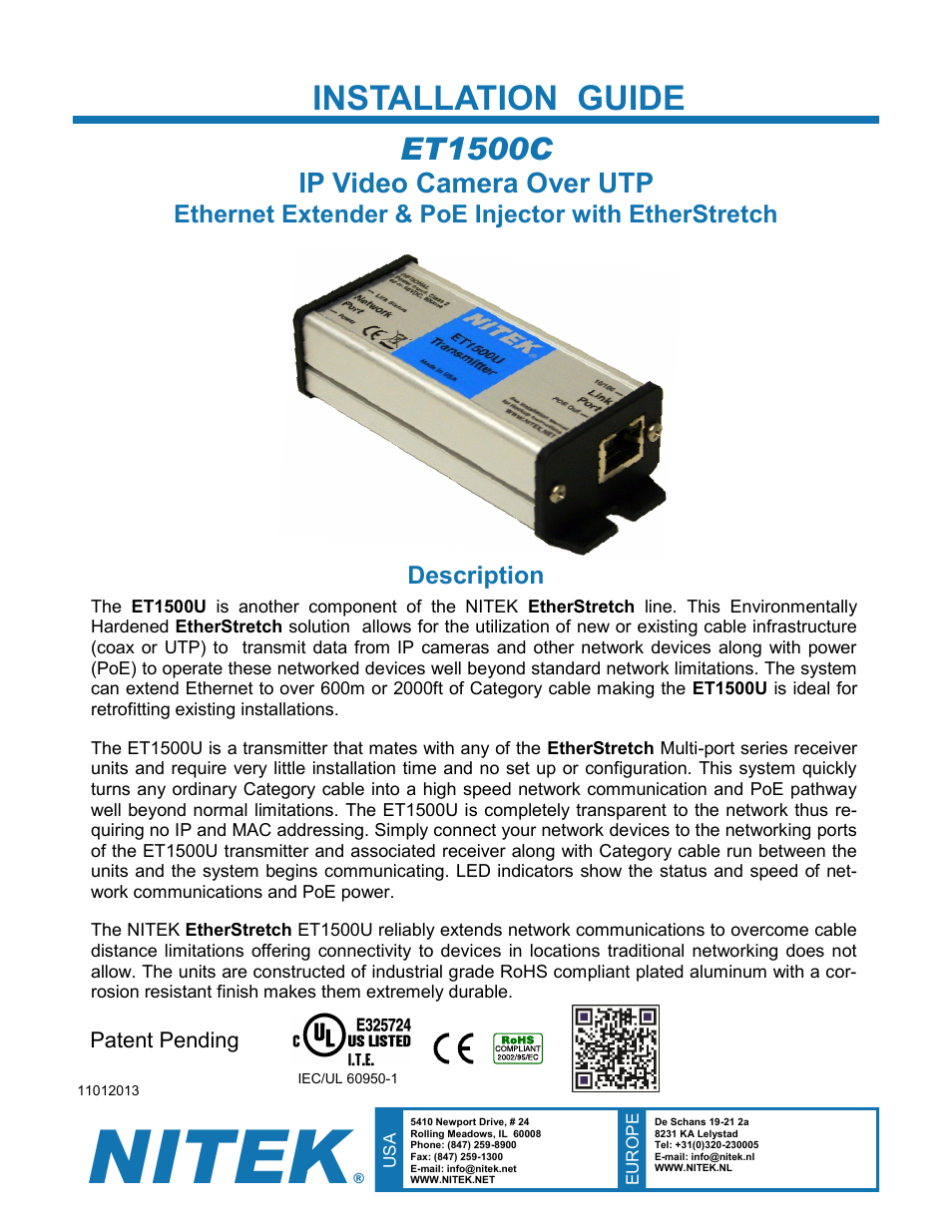 Nitek ET1500U User Manual | 8 pages