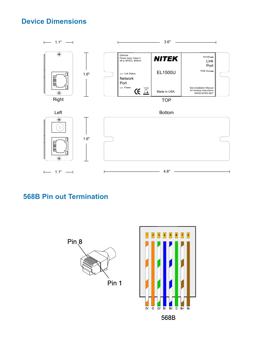 Device dimensions 568b pin out termination, Nitek | Nitek ET1500U User Manual | Page 5 / 8