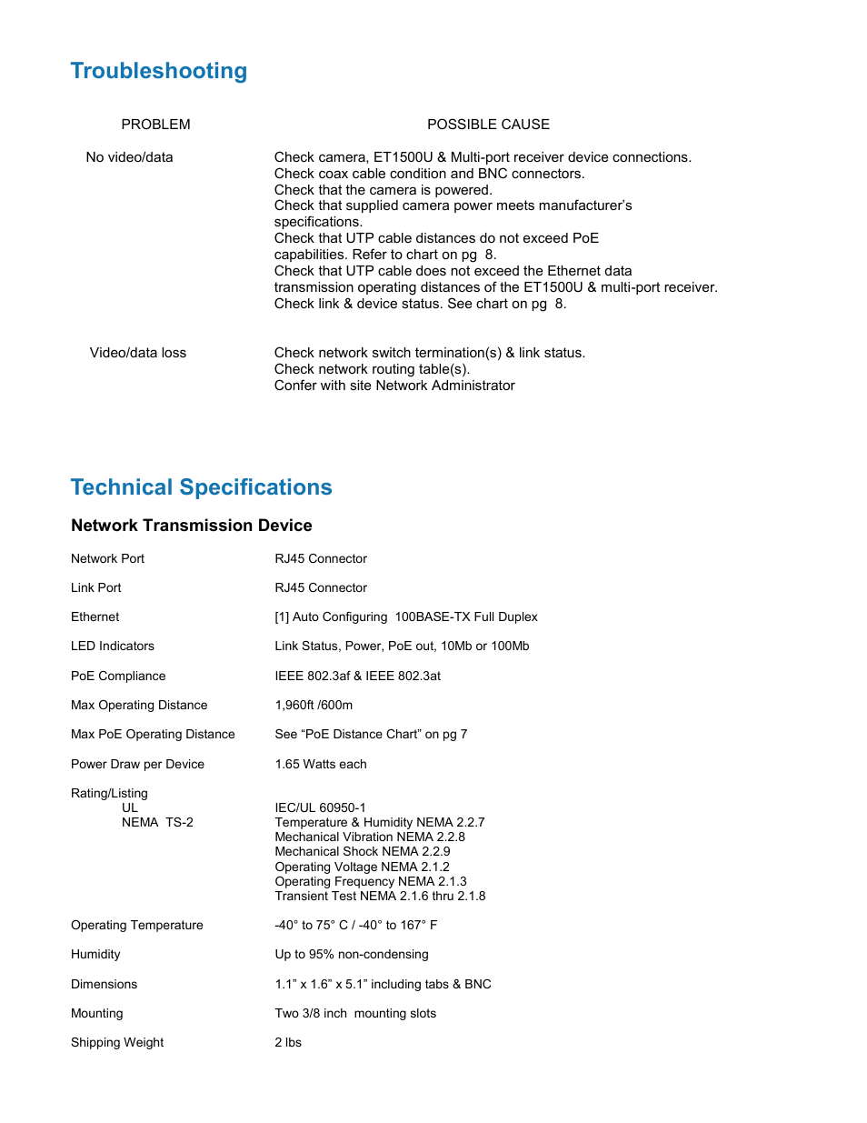 Troubleshooting, Technical specifications | Nitek ET1500U User Manual | Page 7 / 8