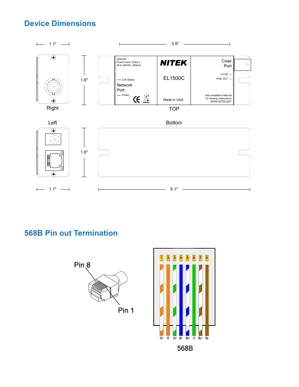 Nitek, Device dimensions 568b pin out termination | Nitek ET1500C User Manual | Page 5 / 8