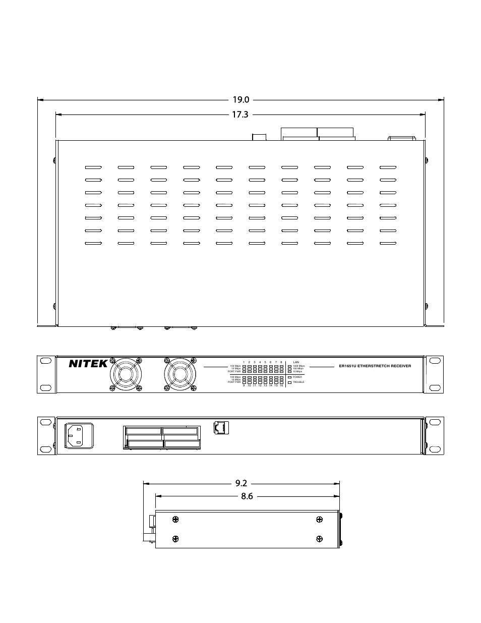 Unit dimensions, Nitek, Top view front view rear view left side | Nitek ER1651U User Manual | Page 8 / 11