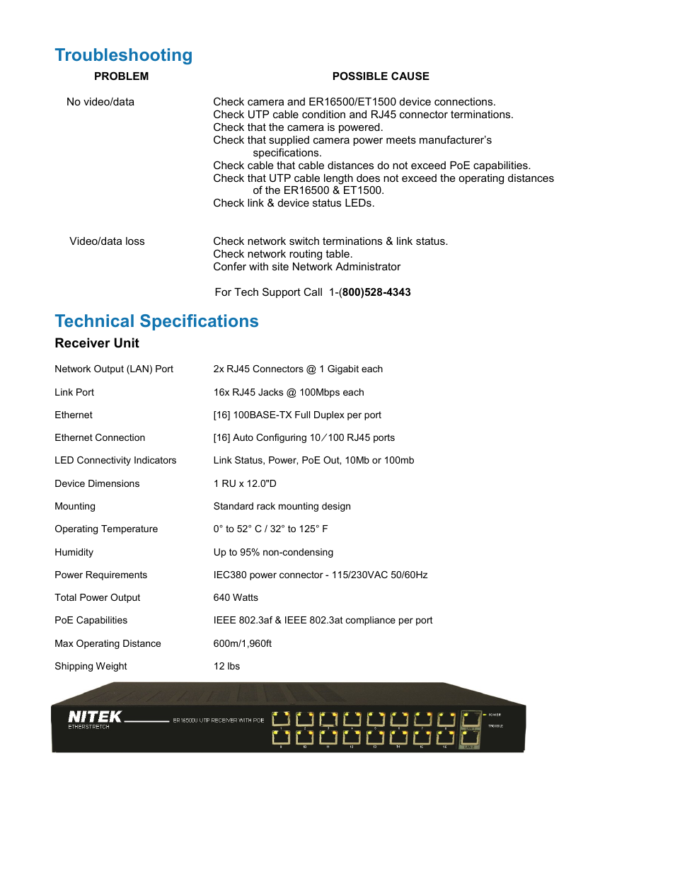 Troubleshooting, Technical specifications | Nitek ER16500U User Manual | Page 10 / 11