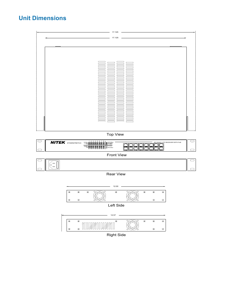 Unit dimensions, Top view front view rear view left side right side, Nitek | Nitek ER16500U User Manual | Page 8 / 11
