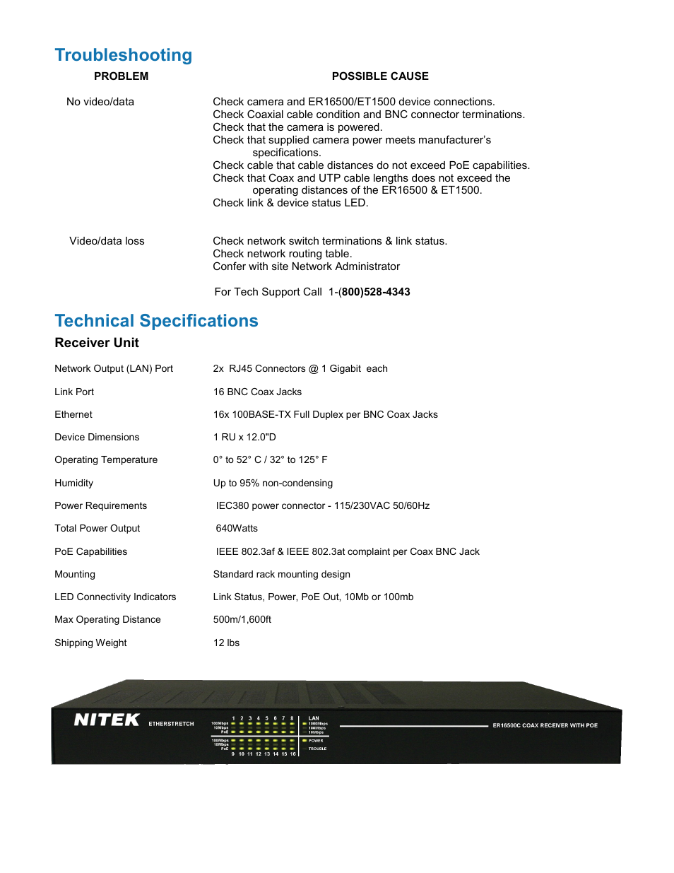 Troubleshooting technical specifications | Nitek ER16500C User Manual | Page 10 / 11
