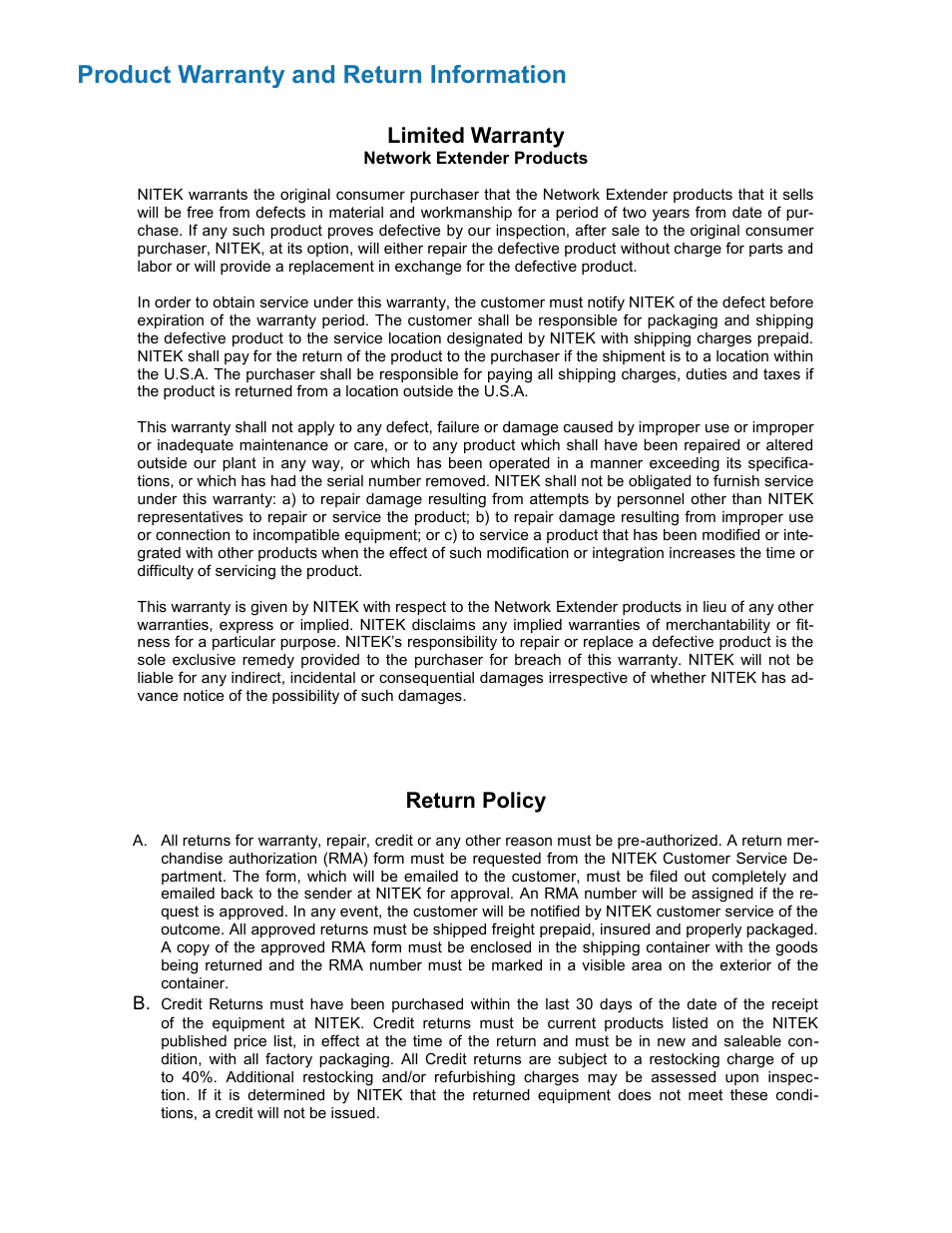 Product warranty and return information, Return policy, Limited warranty | Nitek ER16500C User Manual | Page 11 / 11