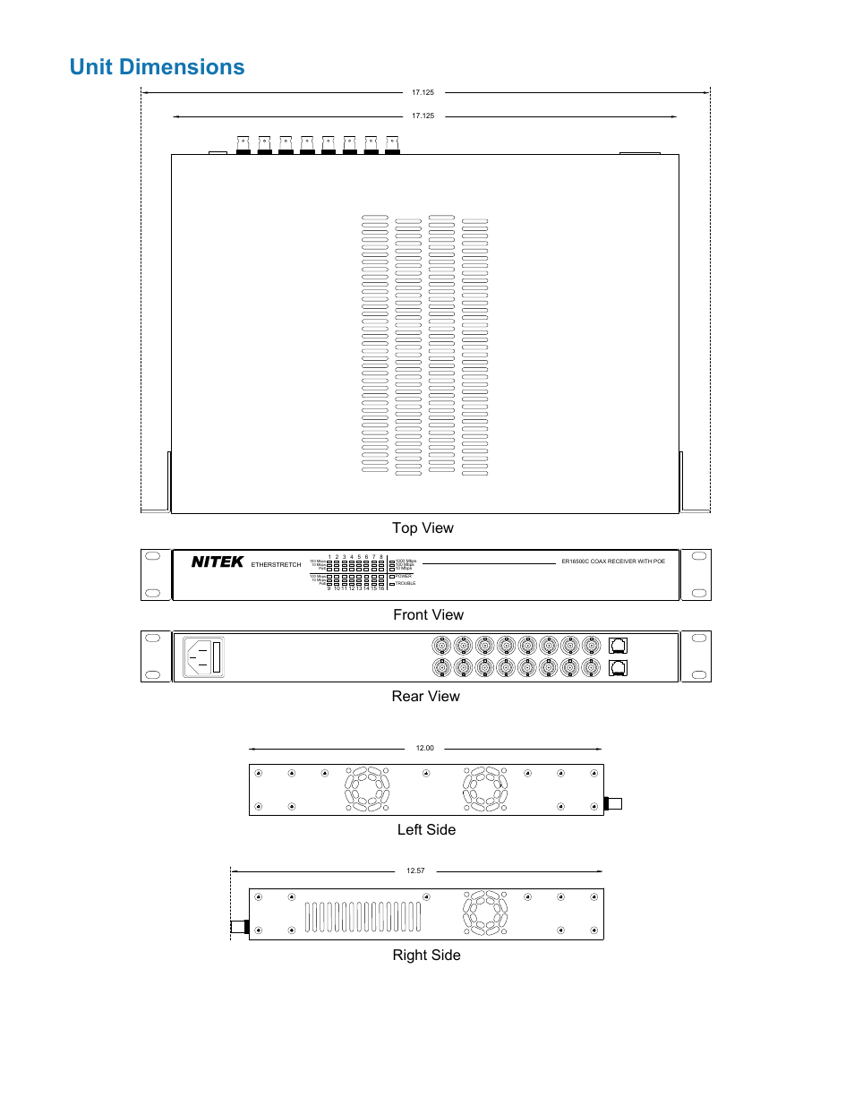Unit dimensions, Top view front view rear view left side right side, Nitek | Nitek ER16500C User Manual | Page 8 / 11