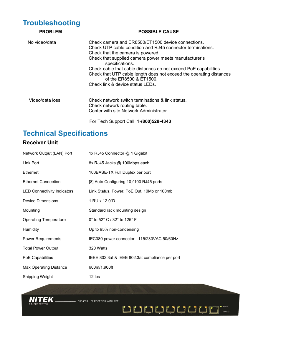 Troubleshooting, Technical specifications | Nitek ER8500U User Manual | Page 10 / 11