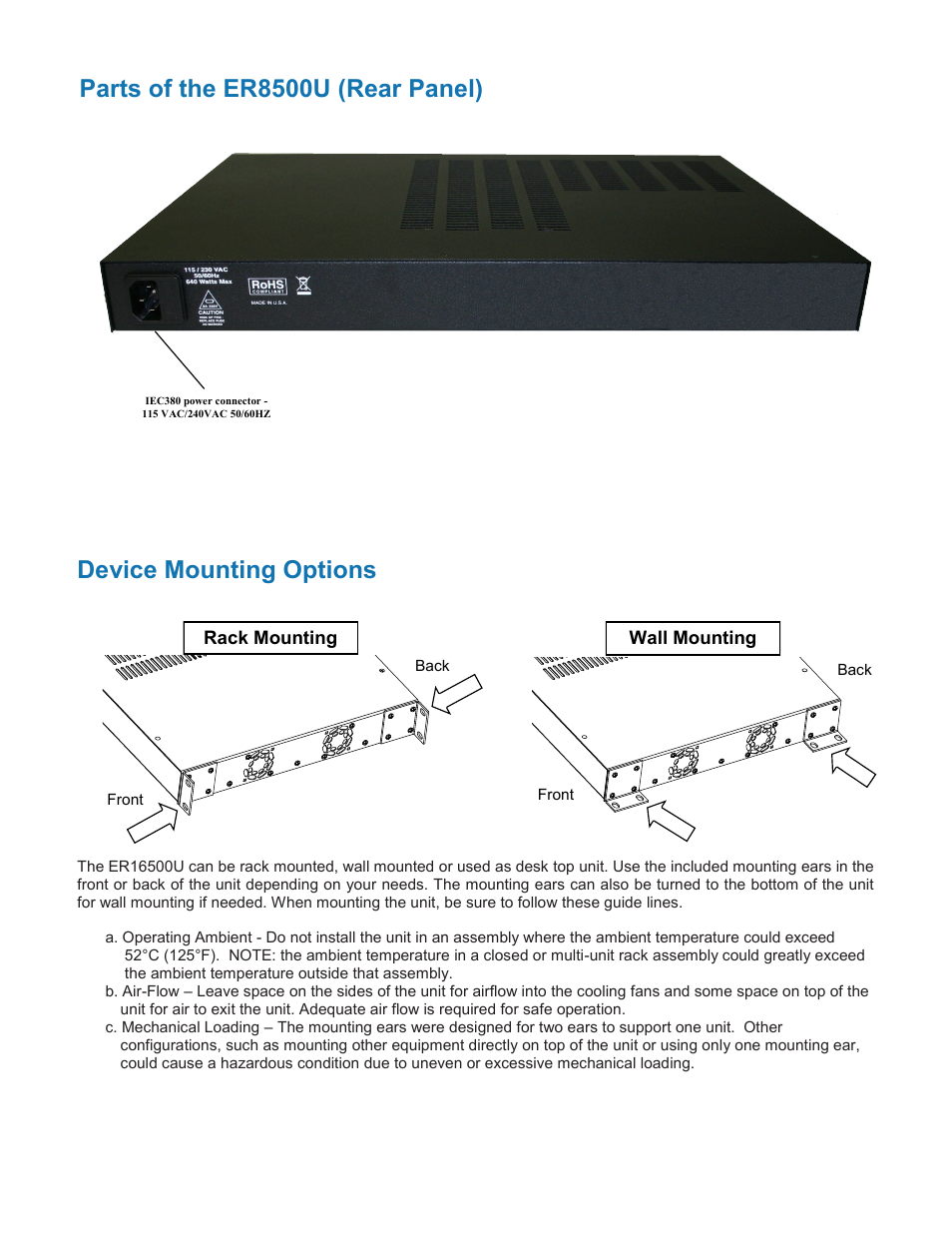 Parts of the er8500u (rear panel), Device mounting options | Nitek ER8500U User Manual | Page 4 / 11