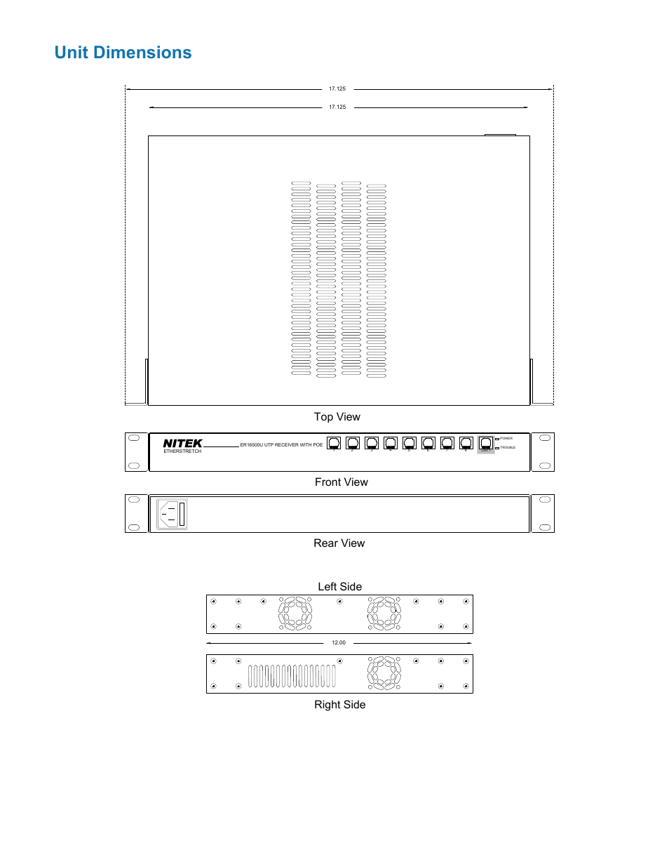 Unit dimensions, Top view front view rear view left side right side, Nitek | Nitek ER8500U User Manual | Page 8 / 11