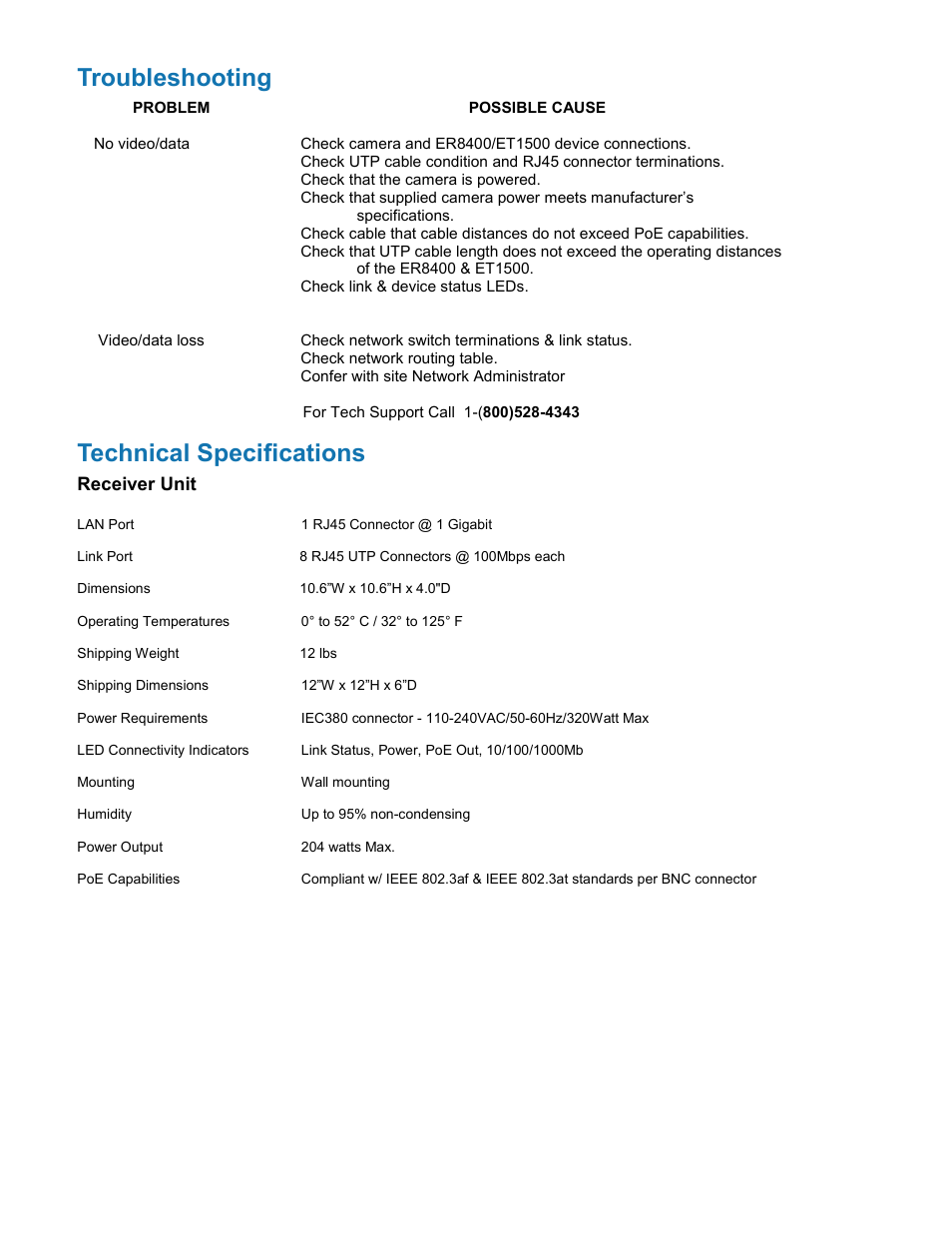 Troubleshooting technical specifications | Nitek ER8400U User Manual | Page 11 / 12