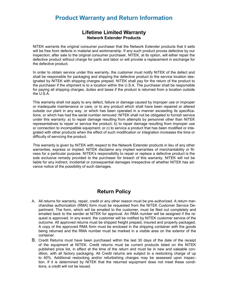 Product warranty and return information, Return policy, Lifetime limited warranty | Nitek ER8400U User Manual | Page 12 / 12